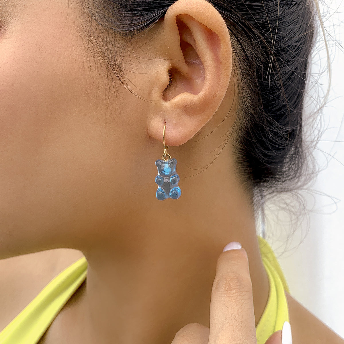 Blue Resin and 18K Gold-Plated Bear Huggie Drop Earrings, gold huggie earrings, elegant gift for her, front view
