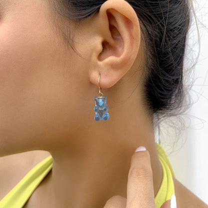 Blue Resin and 18K Gold-Plated Bear Huggie Drop Earrings, gold huggie earrings, elegant gift for her, front view