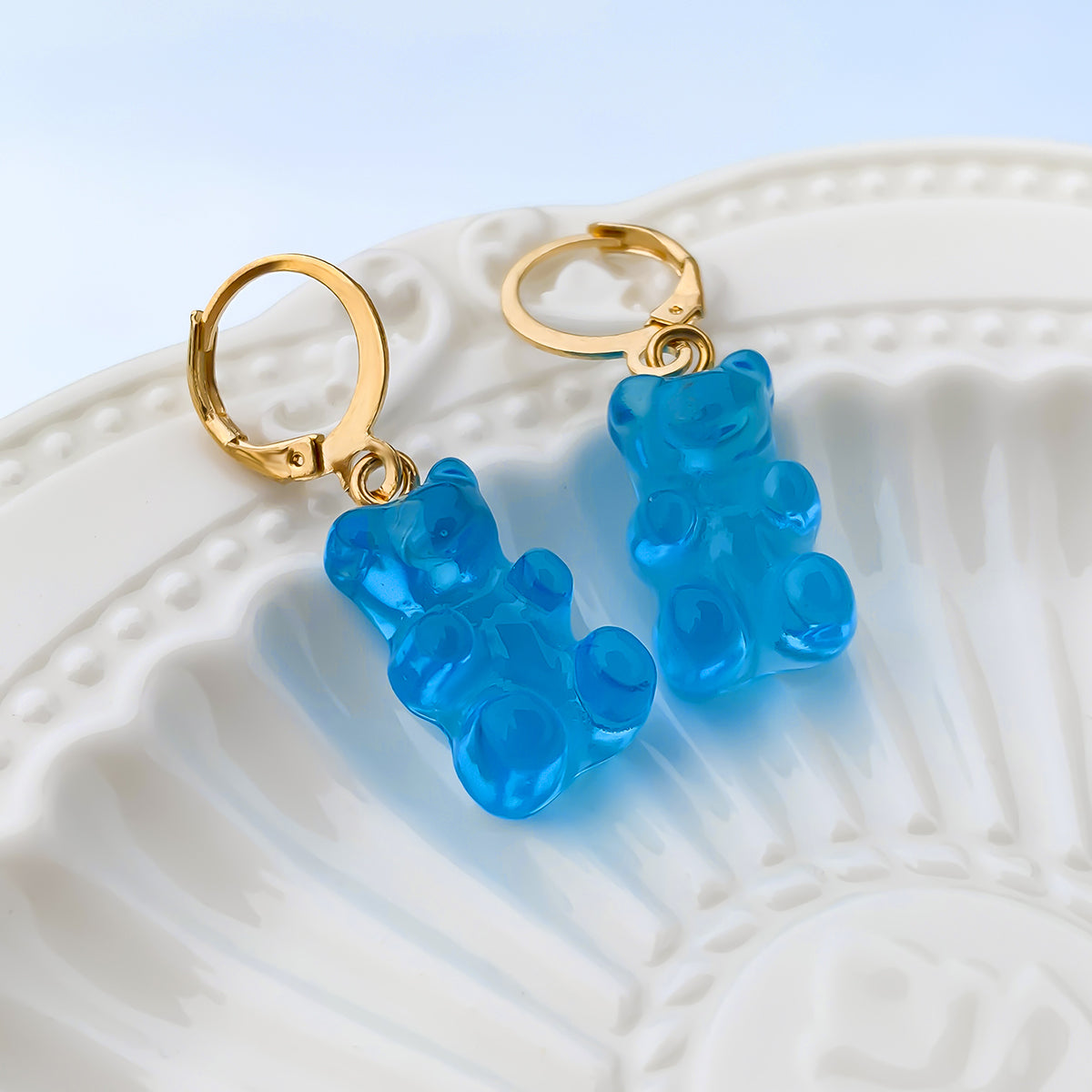 Blue Resin and 18K Gold-Plated Bear Huggie Drop Earrings, gold huggie earrings, elegant gift for her, detail close-up