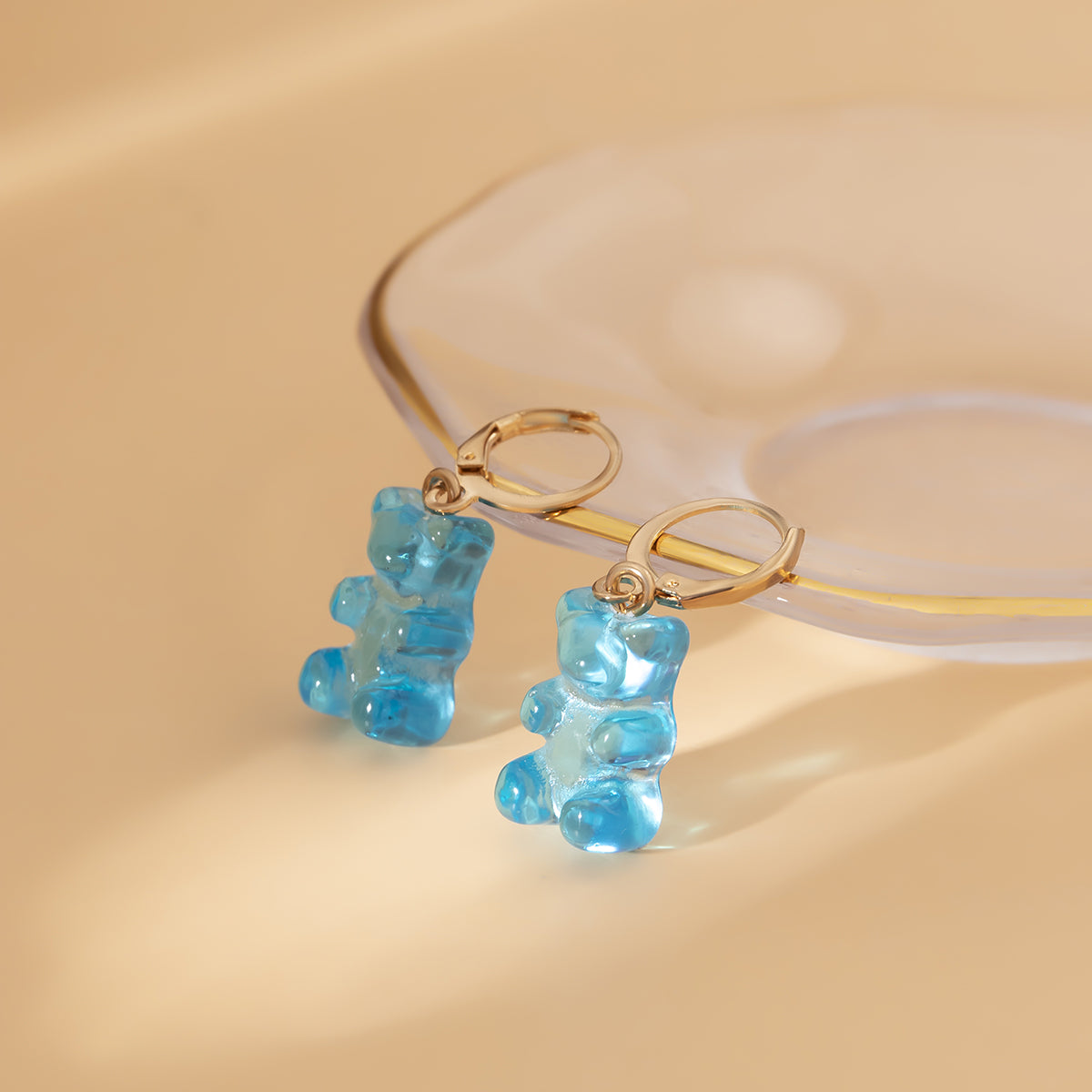 Blue Resin and 18K Gold-Plated Bear Huggie Drop Earrings, gold huggie earrings, elegant gift for her, lifestyle look