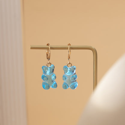 Blue Resin and 18K Gold-Plated Bear Huggie Drop Earrings, gold huggie earrings, elegant gift for her, styled look