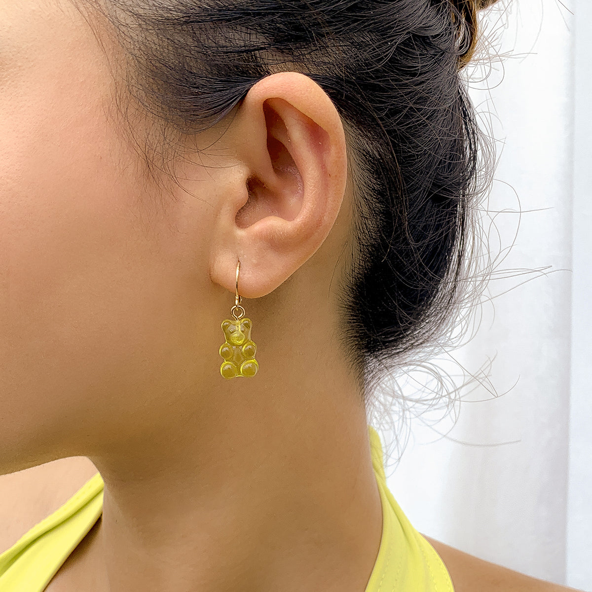 Green Resin and 18K Gold-Plated Bear Huggie Drop Earrings, gold huggie earrings, elegant gift for her, styled look