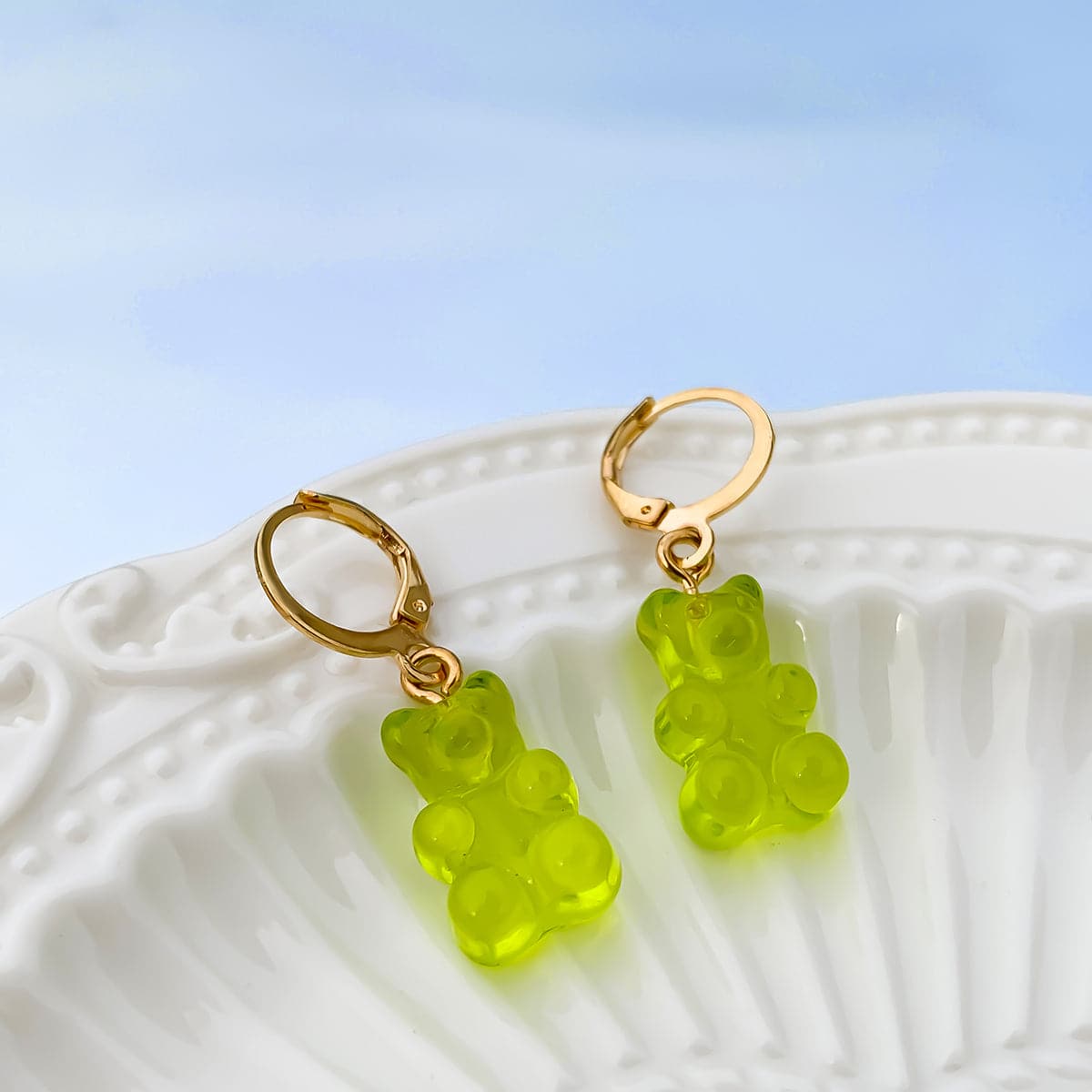 Green Resin and 18K Gold-Plated Bear Huggie Drop Earrings, gold huggie earrings, elegant gift for her, side view