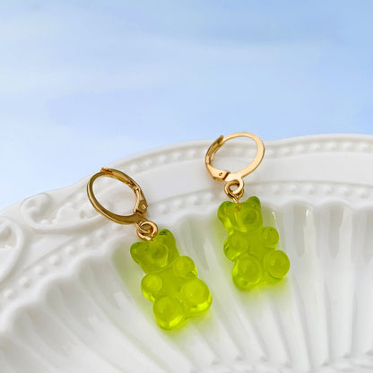 Green Resin and 18K Gold-Plated Bear Huggie Drop Earrings, gold huggie earrings, elegant gift for her, side view