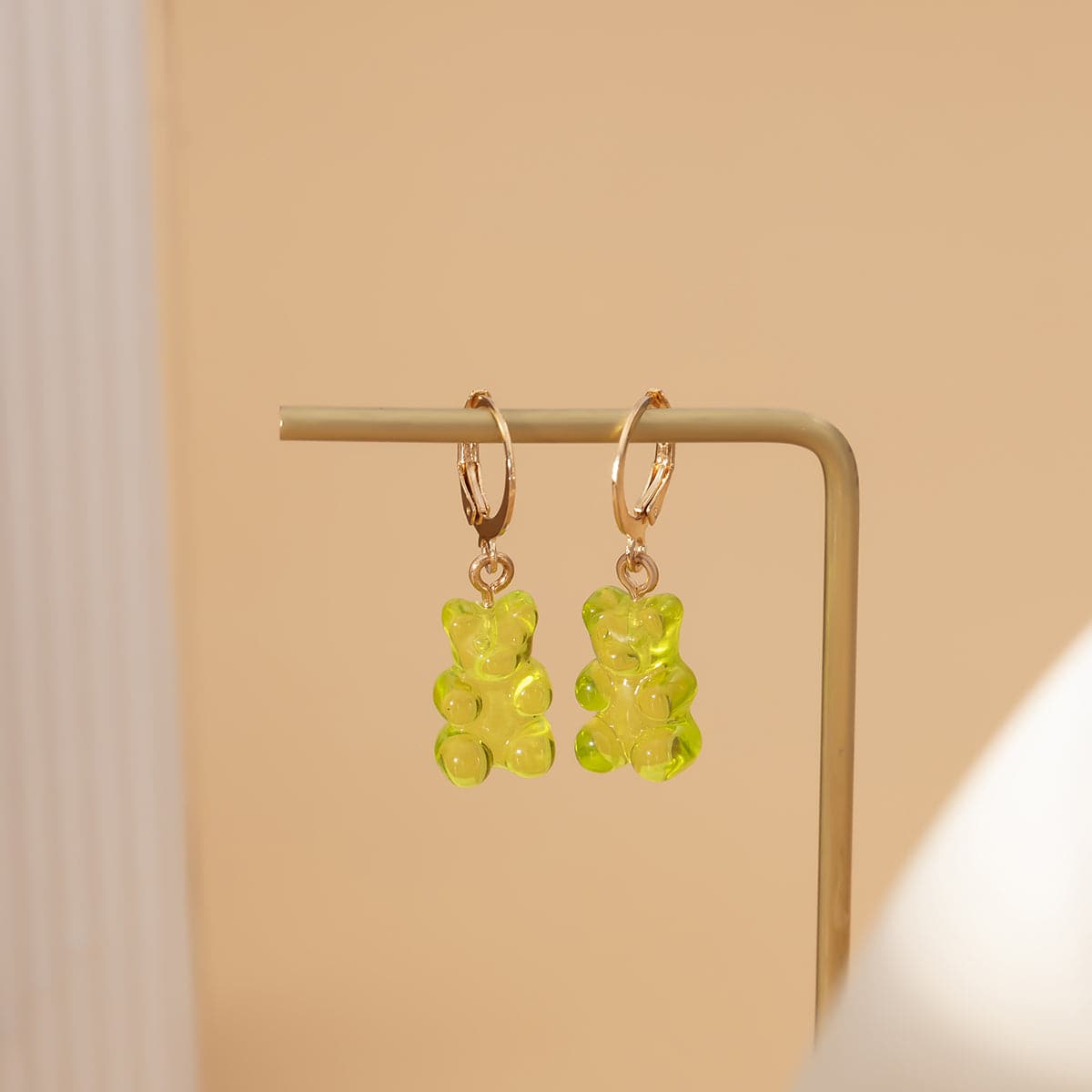 Green Resin and 18K Gold-Plated Bear Huggie Drop Earrings, gold huggie earrings, elegant gift for her, detail close-up