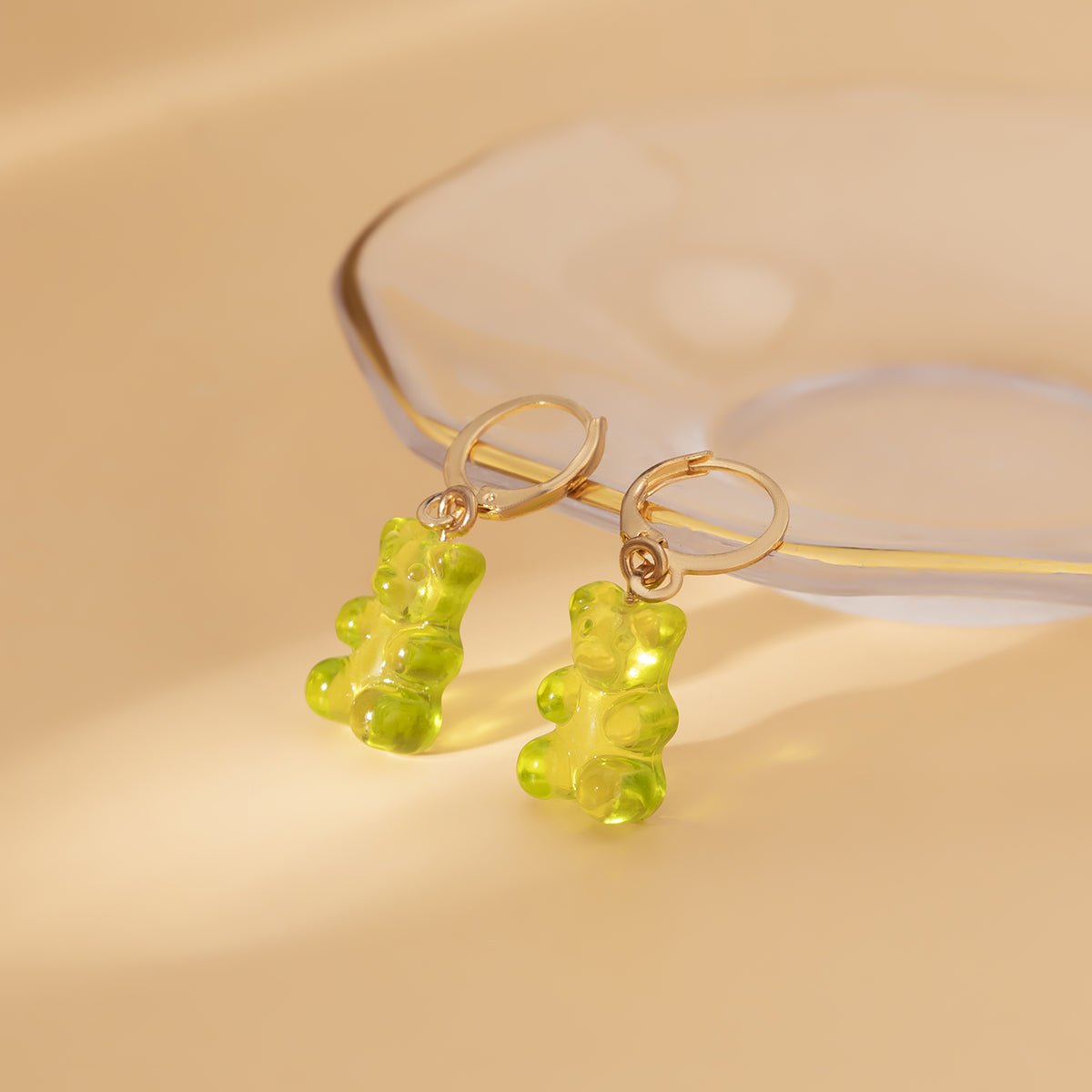 Green Resin and 18K Gold-Plated Bear Huggie Drop Earrings, gold huggie earrings, elegant gift for her, lifestyle look