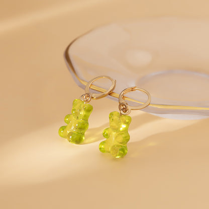 Green Resin and 18K Gold-Plated Bear Huggie Drop Earrings, gold huggie earrings, elegant gift for her, lifestyle look