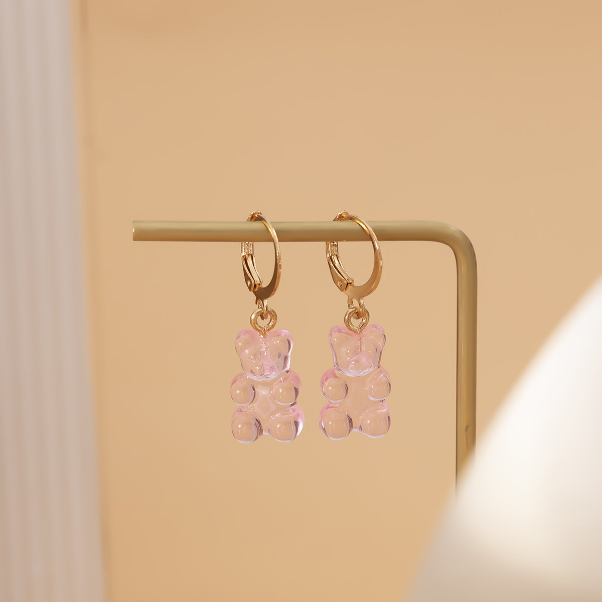 Pink Resin & 18K Gold-Plated Bear Huggie Drop Earrings