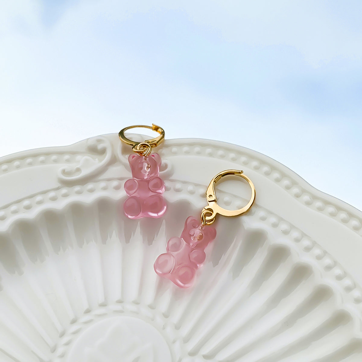 Pink Resin & 18K Gold-Plated Bear Huggie Drop Earrings