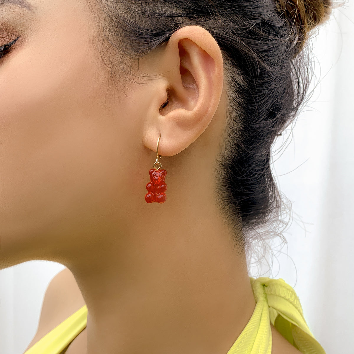 Red Resin and 18K Gold-Plated Bear Huggie Drop Earrings, gold huggie earrings, vintage-inspired design, front view