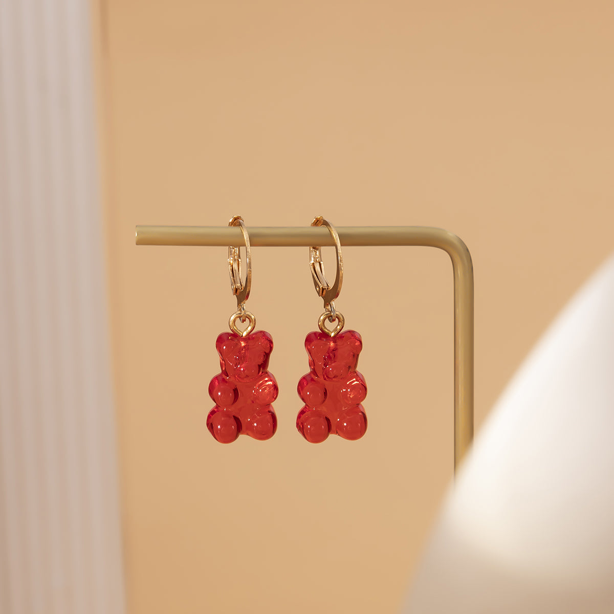Red Resin and 18K Gold-Plated Bear Huggie Drop Earrings, gold huggie earrings, vintage-inspired design, lifestyle look