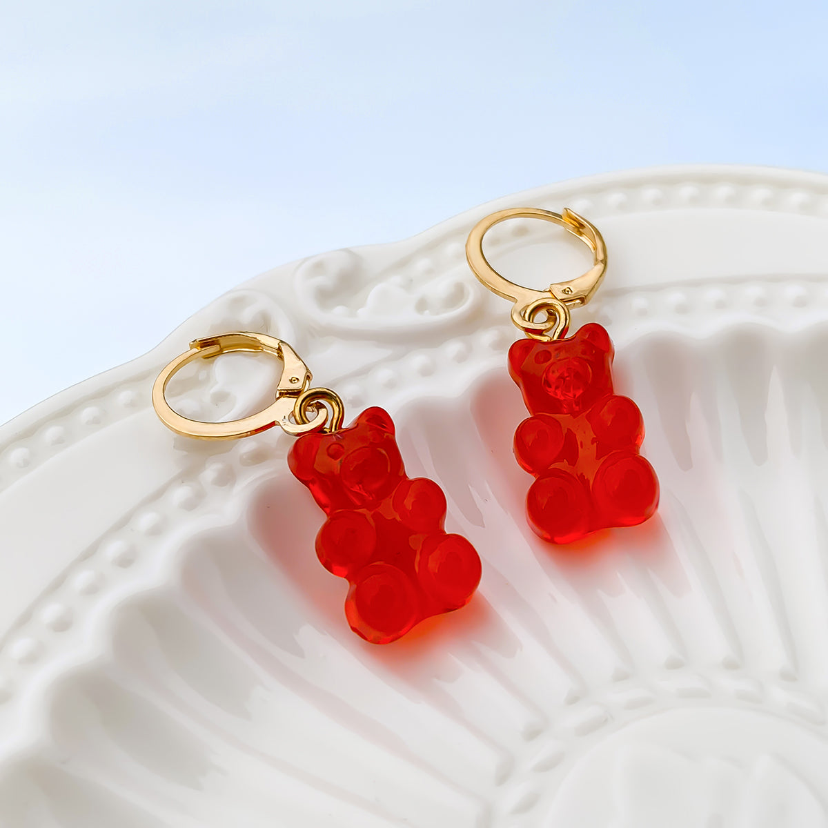 Red Resin and 18K Gold-Plated Bear Huggie Drop Earrings, gold huggie earrings, vintage-inspired design, styled look