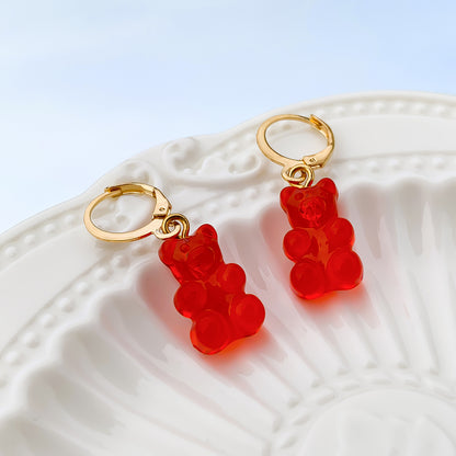 Red Resin and 18K Gold-Plated Bear Huggie Drop Earrings, gold huggie earrings, vintage-inspired design, styled look