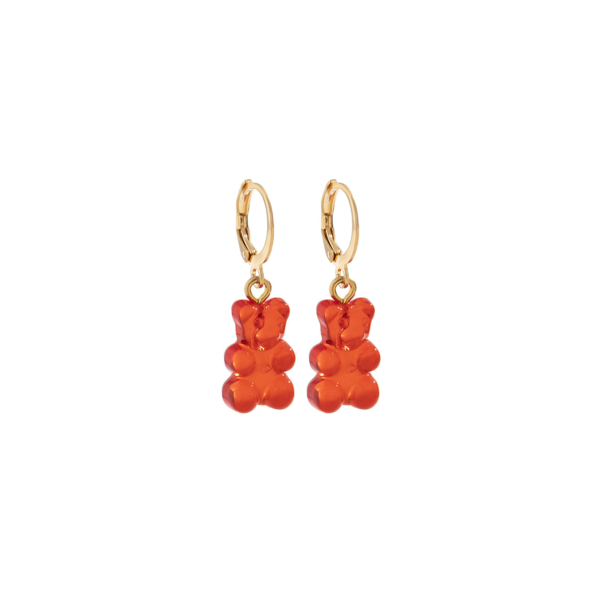 Red Resin and 18K Gold-Plated Bear Huggie Drop Earrings, gold huggie earrings, vintage-inspired design, side view