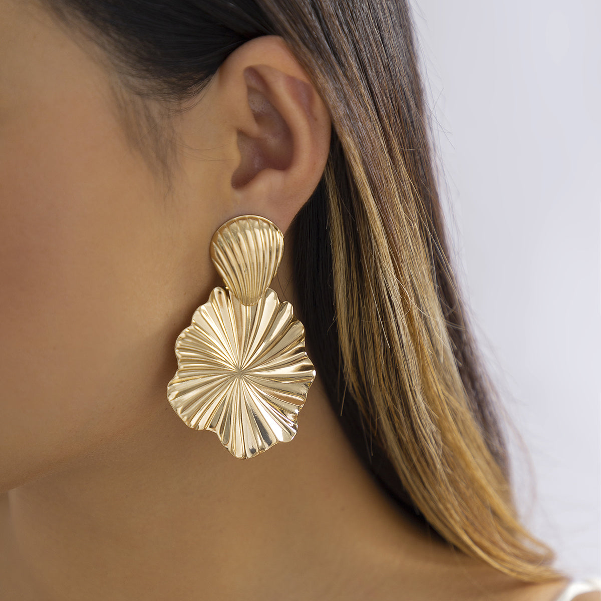 18K Gold-Plated Lotus Leaves Drop Earrings, gold drop earrings for women, everyday style, front view