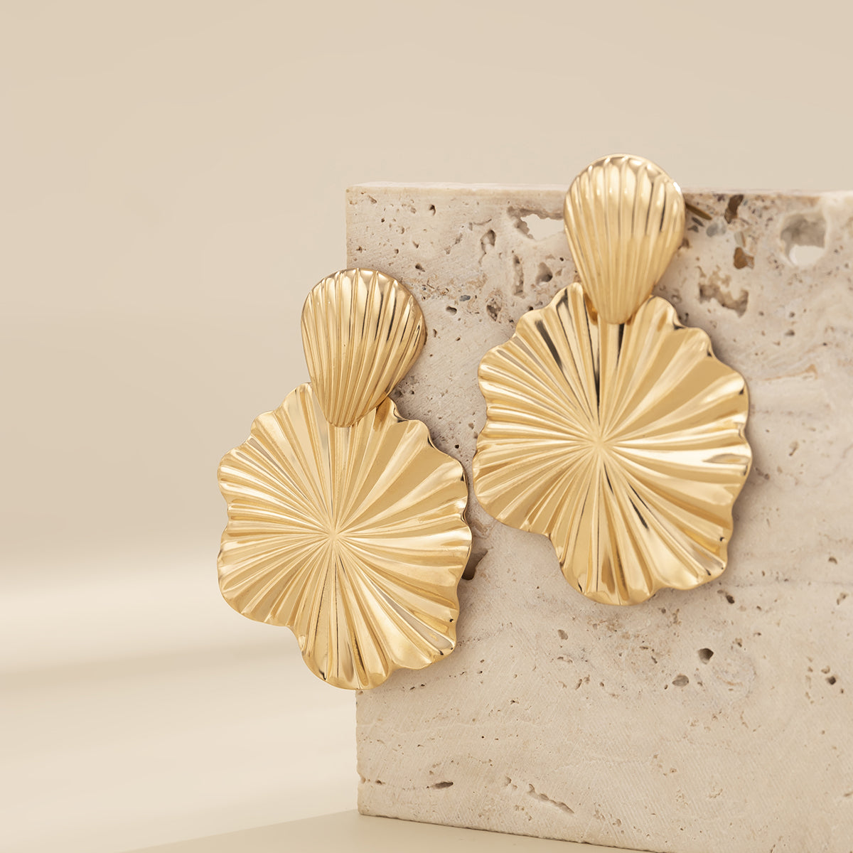 18K Gold-Plated Lotus Leaves Drop Earrings, gold drop earrings for women, everyday style, lifestyle look