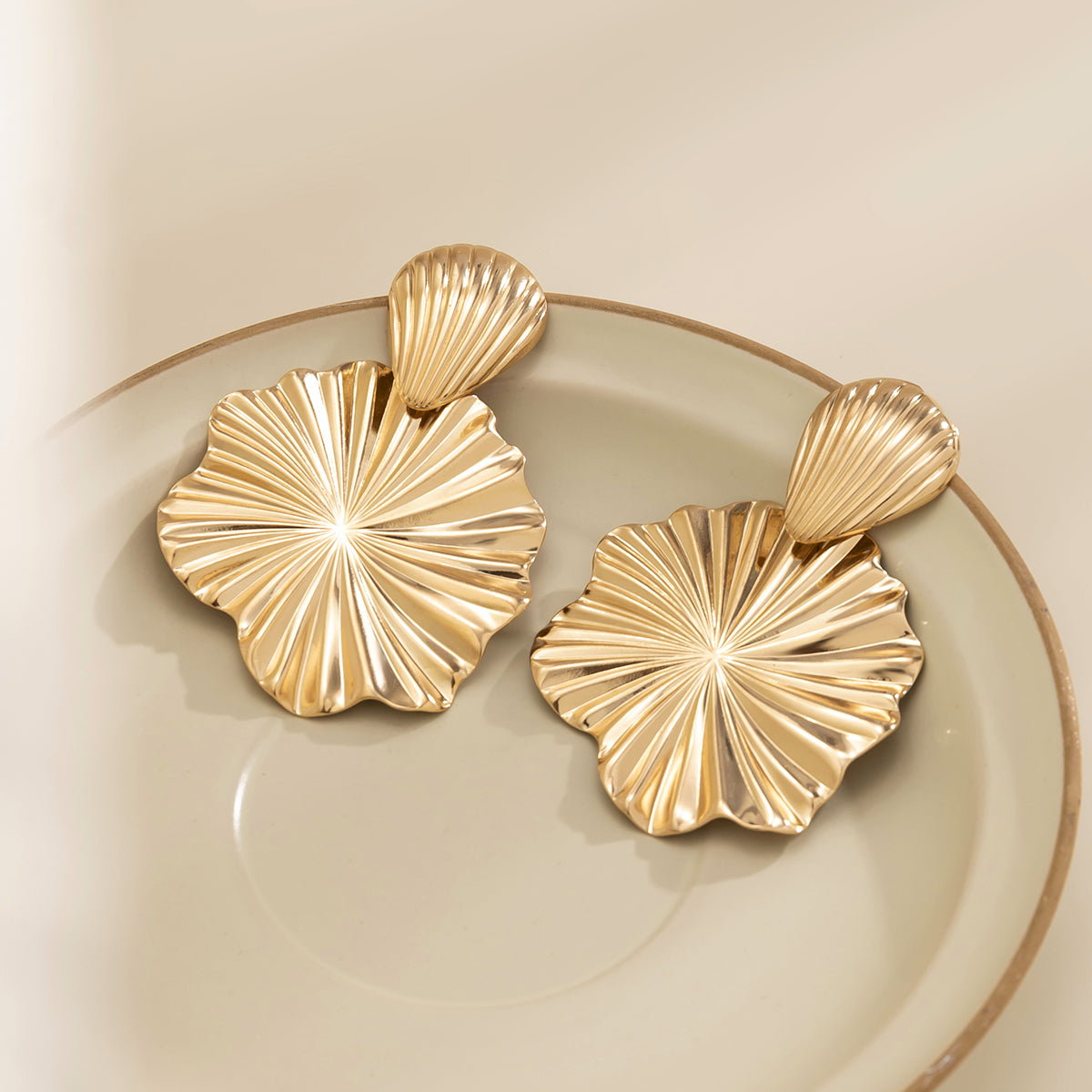 18K Gold-Plated Lotus Leaves Drop Earrings, gold drop earrings for women, everyday style, detail close-up