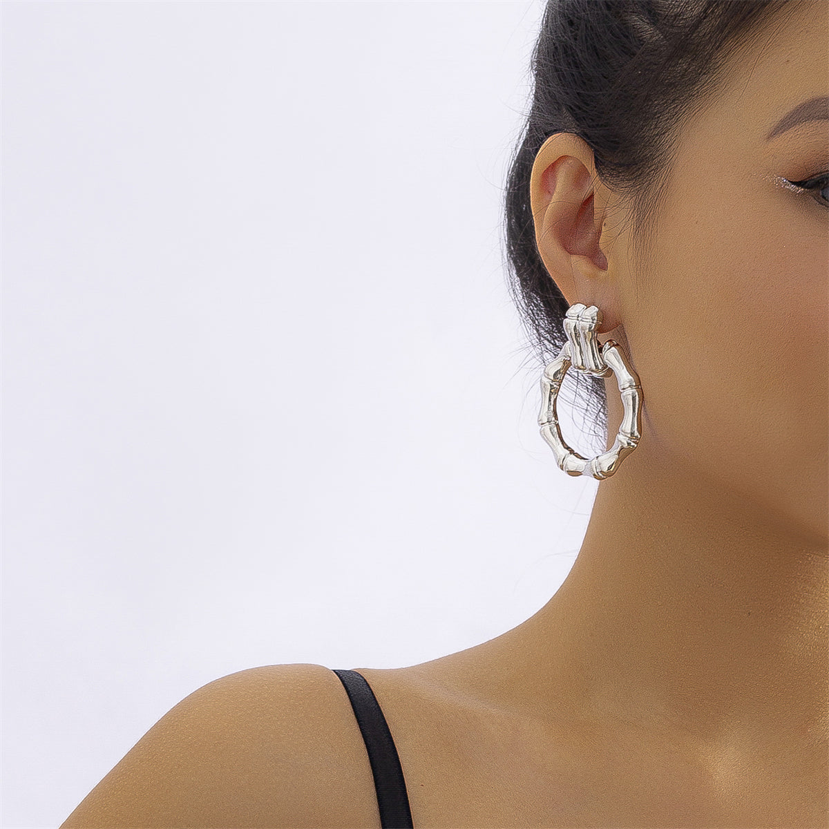 Silver-Plated Bamboo-Shaped Round Drop Earrings, silver drop earrings for women, vintage-inspired design, side view