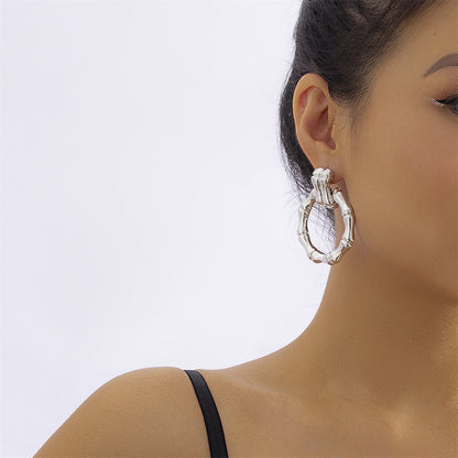 Silver-Plated Bamboo-Shaped Round Drop Earrings, silver drop earrings for women, vintage-inspired design, side view