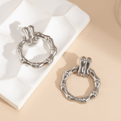 Silver-Plated Bamboo-Shaped Round Drop Earrings, silver drop earrings for women, vintage-inspired design, lifestyle look