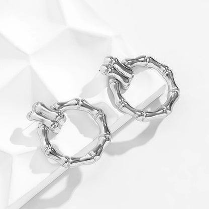 Silver-Plated Bamboo-Shaped Round Drop Earrings, silver drop earrings for women, vintage-inspired design, front view