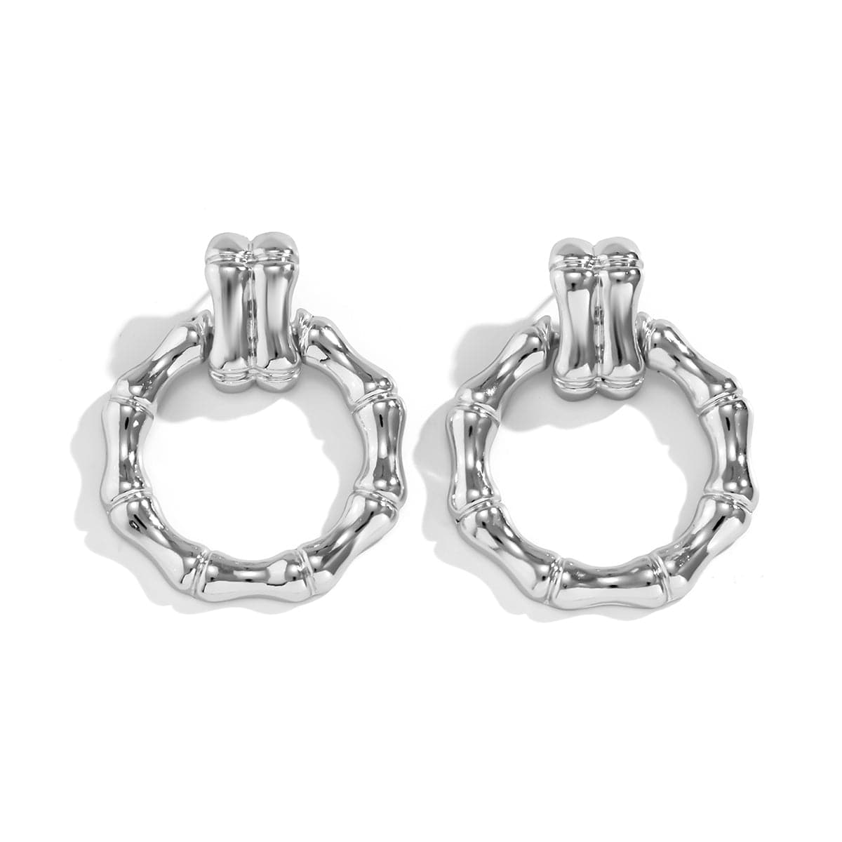 Silver-Plated Bamboo-Shaped Round Drop Earrings, silver drop earrings for women, vintage-inspired design, detail close-up
