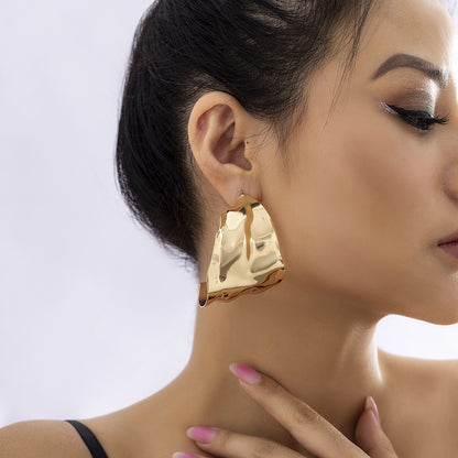 18K Gold-Plated Textured Wide Huggie Earrings, gold huggie earrings, dainty minimalist design, front view