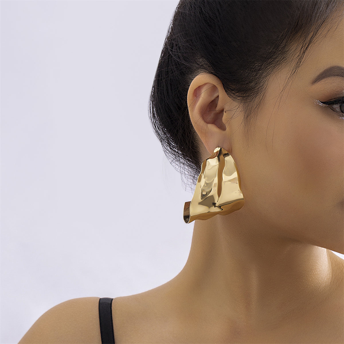 18K Gold-Plated Textured Wide Huggie Earrings, gold huggie earrings, dainty minimalist design, side view