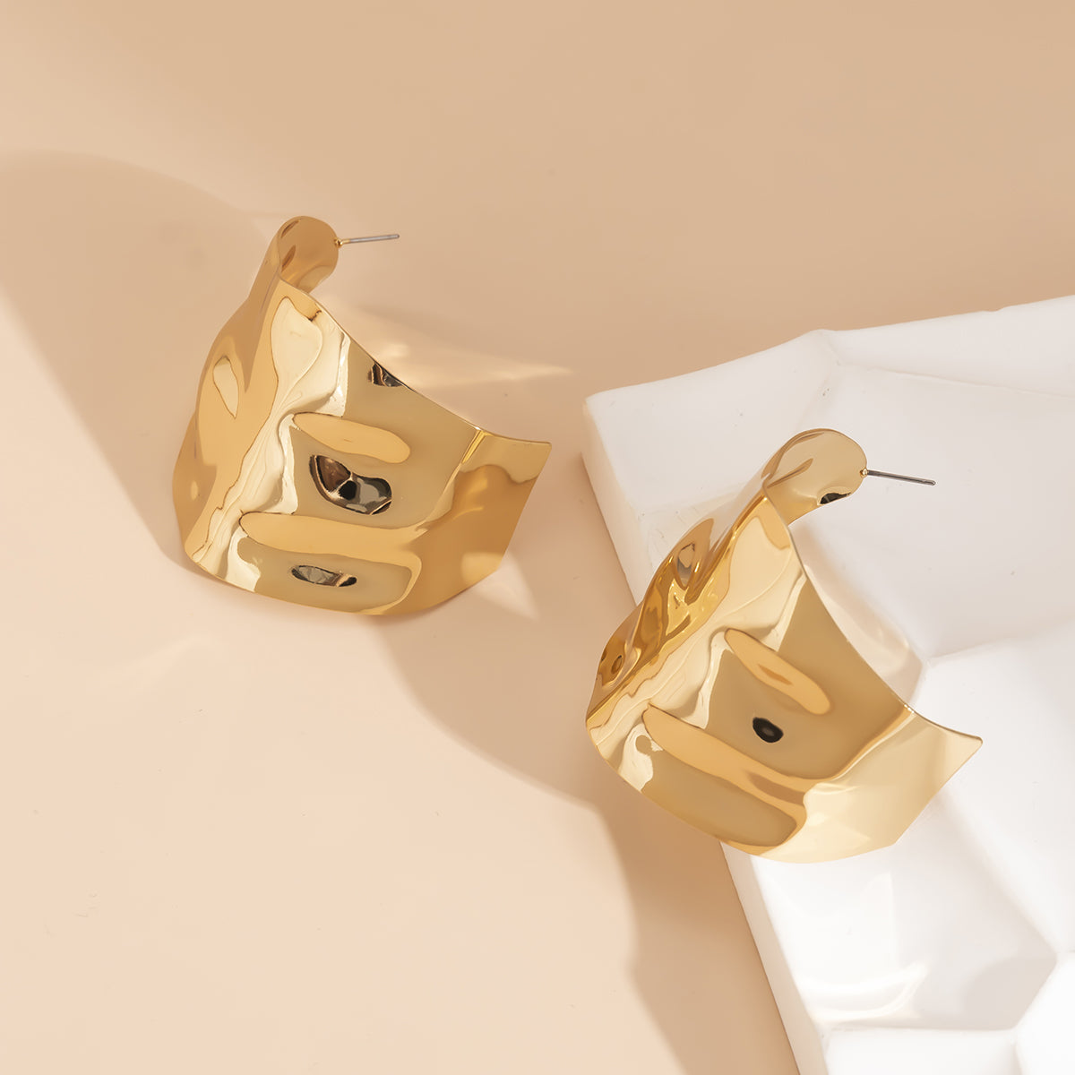 18K Gold-Plated Textured Wide Huggie Earrings, gold huggie earrings, dainty minimalist design, styled look