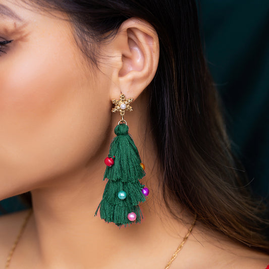 Pearl and Green Polyster 18K Gold-Plated Snowflake Christmas Tree Drop Earrings, gold drop earrings for women, front view
