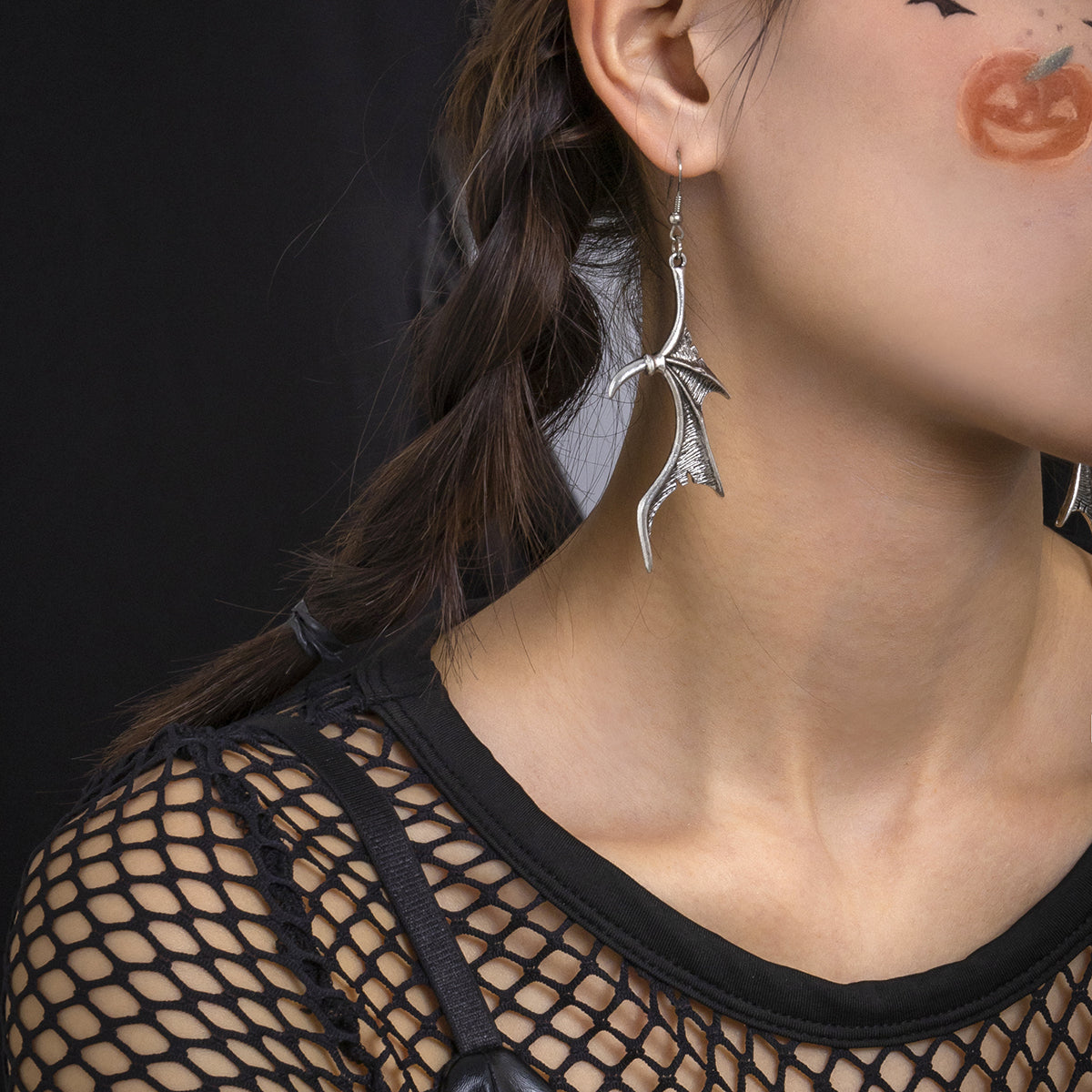 Silver-Plated Bat Wing Drop Earrings, silver drop earrings for women, vintage-inspired design, front view