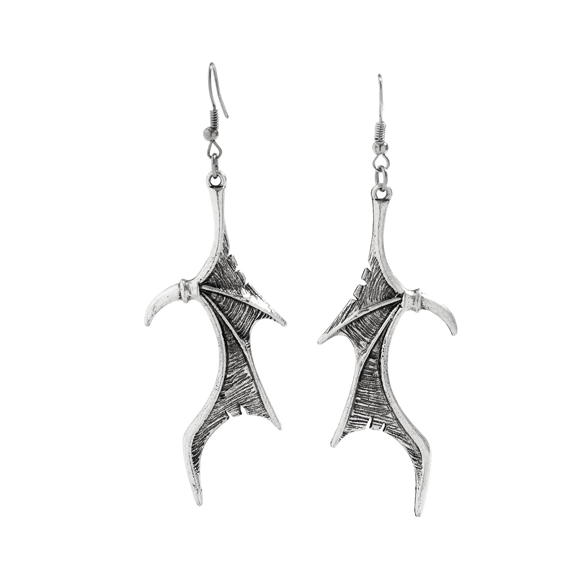 Silver-Plated Bat Wing Drop Earrings, silver drop earrings for women, vintage-inspired design, detail close-up