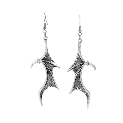 Silver-Plated Bat Wing Drop Earrings, silver drop earrings for women, vintage-inspired design, detail close-up