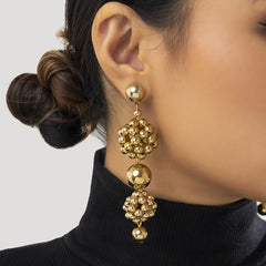 Stunning 18K gold-plated drop earrings adorned with a cluster of beads and balls, perfect for any occasion.