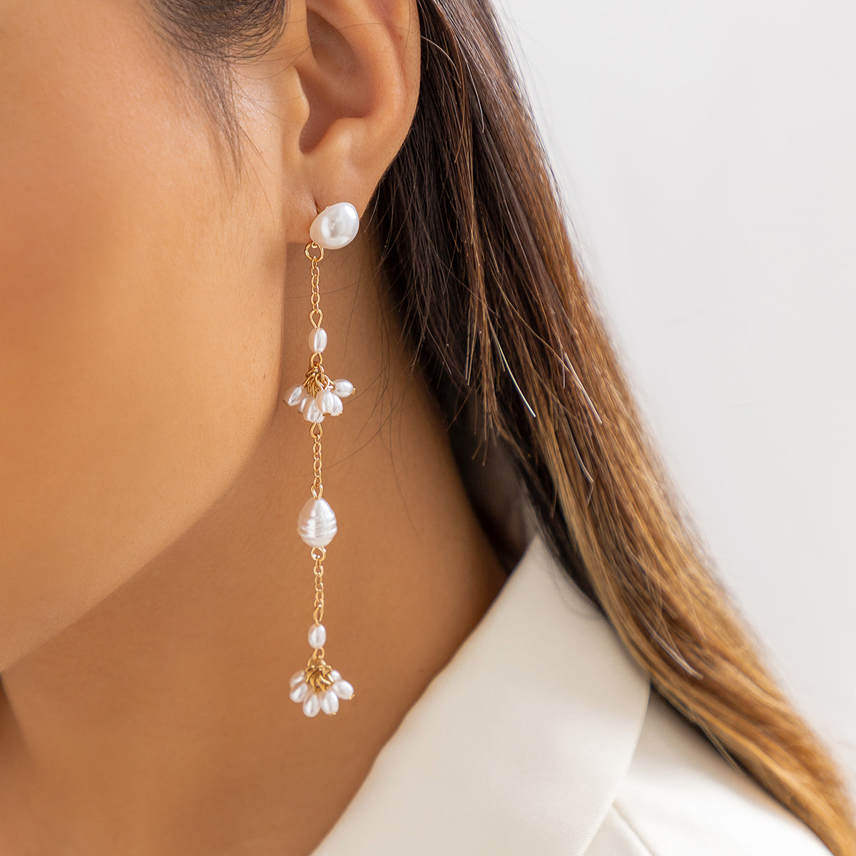 Pearl & 18K Gold-Platd Tiered Cluster Drop Earrings