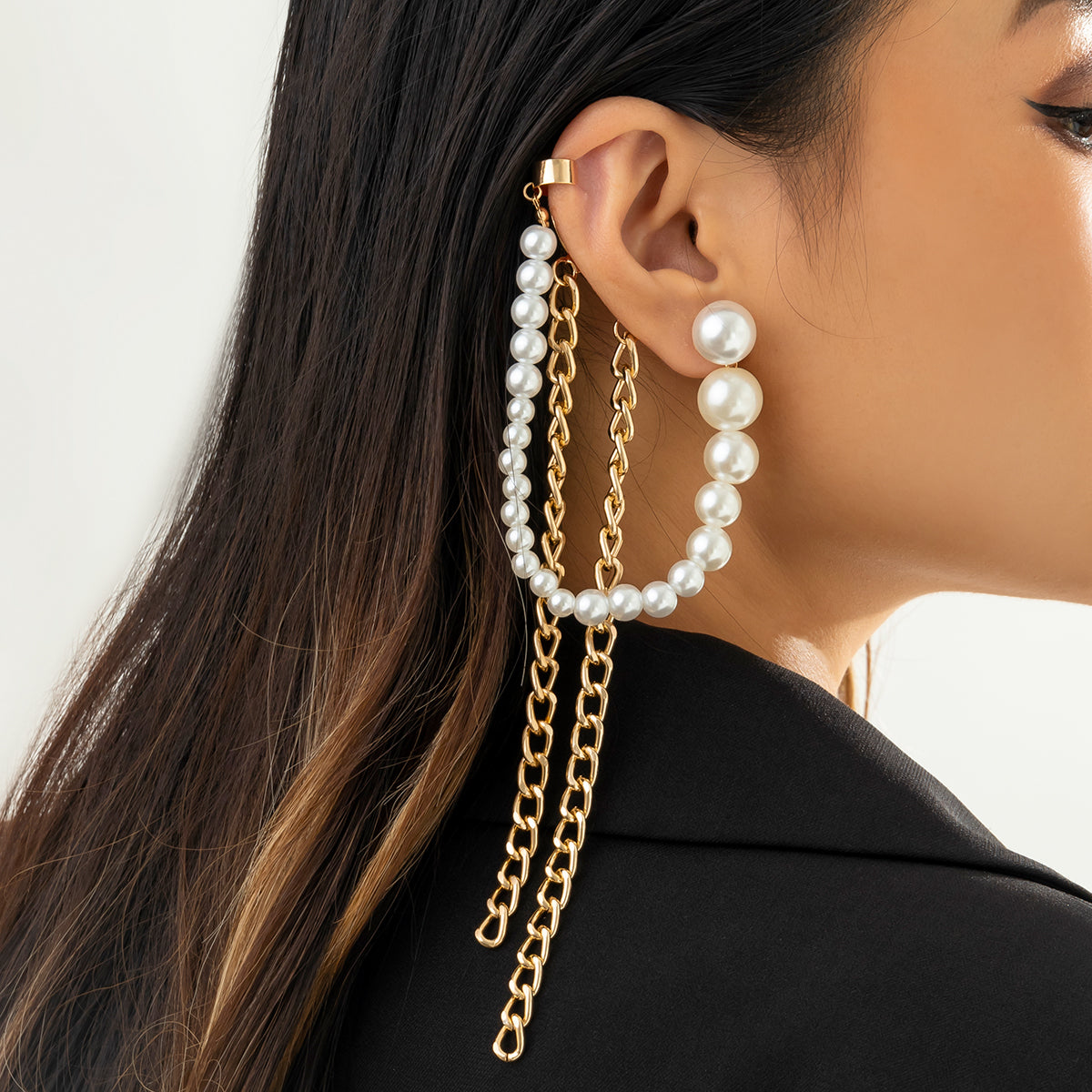 Pearl & 18K Gold-Plated Chain-Tassel Ear Cuffs