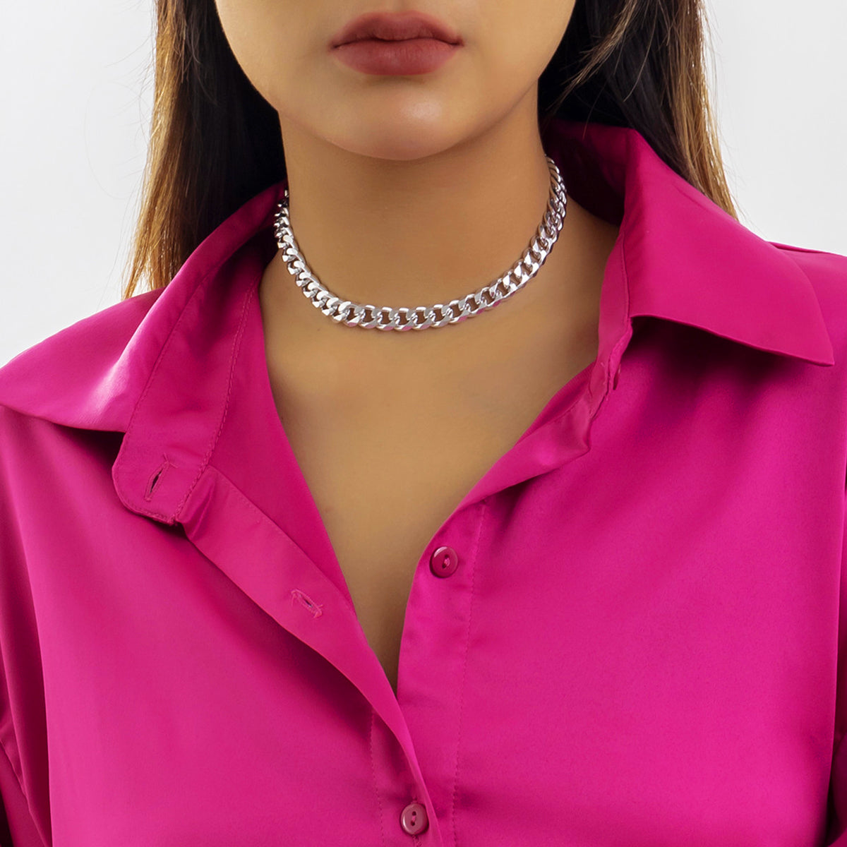 Silver-Plated Curb Chain Necklace, silver pendant necklace for women, dainty minimalist design, front view