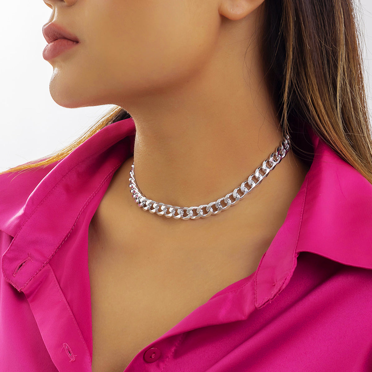 Silver-Plated Curb Chain Necklace, silver pendant necklace for women, dainty minimalist design, side view
