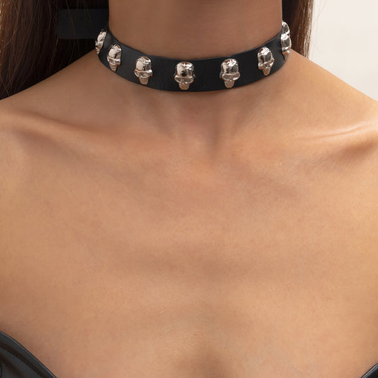 Black Polystyrene and Silver-Plated Skull-Studded Choker Necklace, chunky silver choker necklace, front view