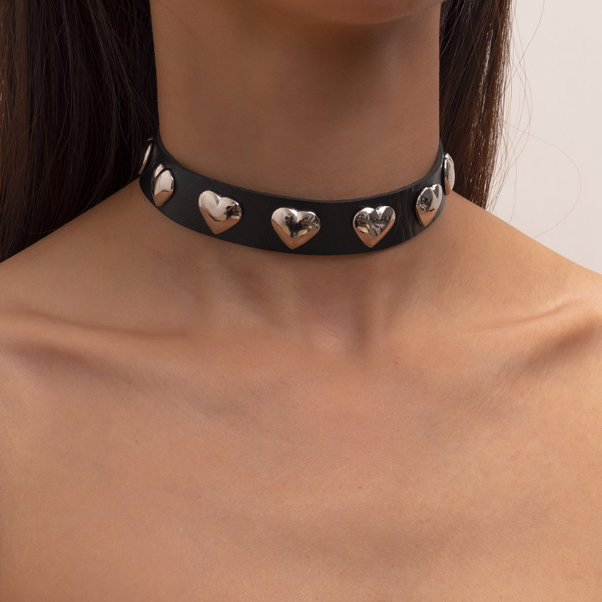 Black Polystyrene and Silver-Plated Heart Station Choker Necklace, chunky silver choker necklace, everyday style, front view