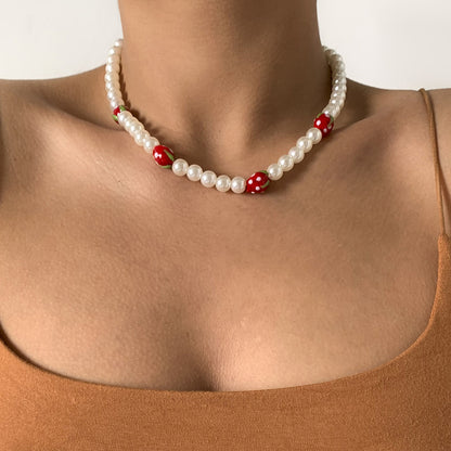 Red Acrylic and Pearl Strawberry Beaded Choker Necklace, pendant necklace for women, dainty minimalist design, front view