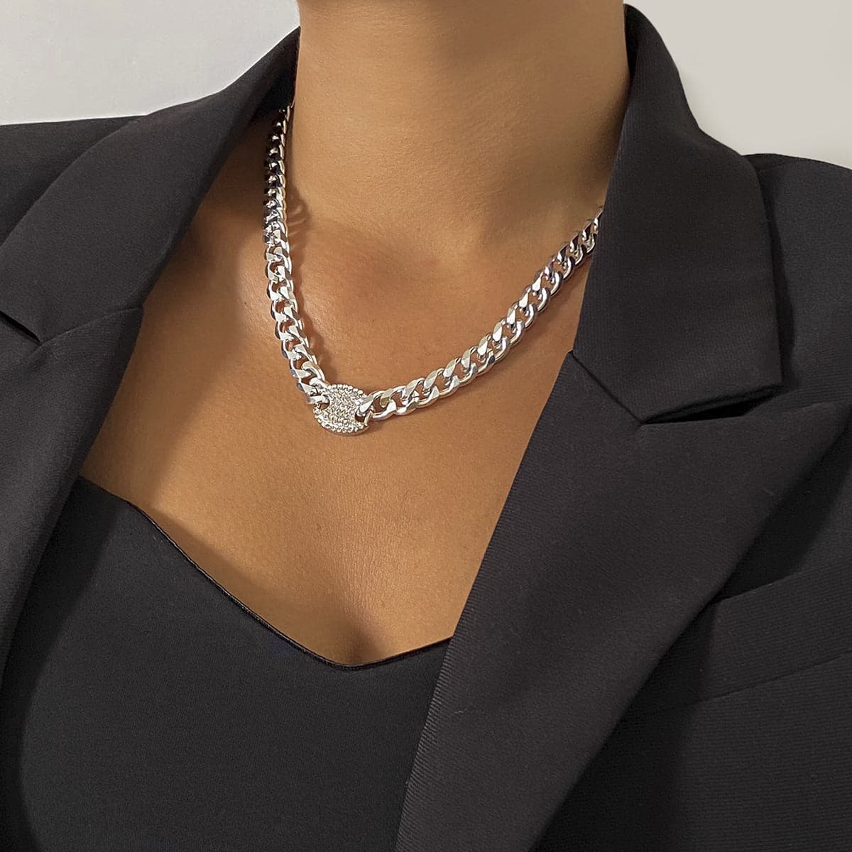 Cubic Zirconia & Silver-Plated Oval Cable Chain Necklace