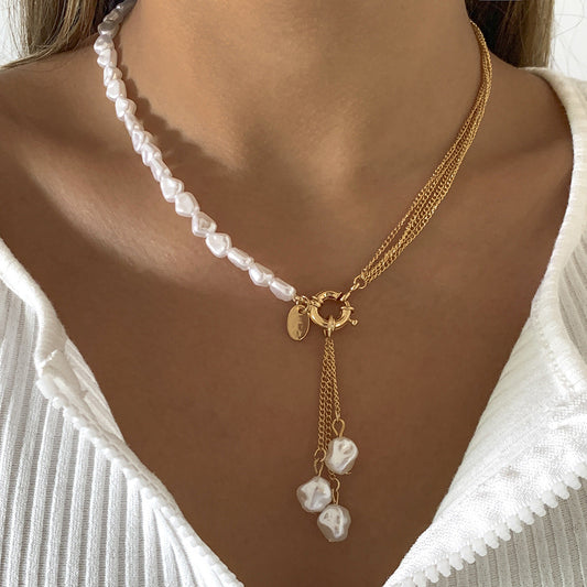 Pearl and 18K Gold-Plated Tassel Pendant Necklace, gold pendant necklace for women, vintage-inspired design, front view