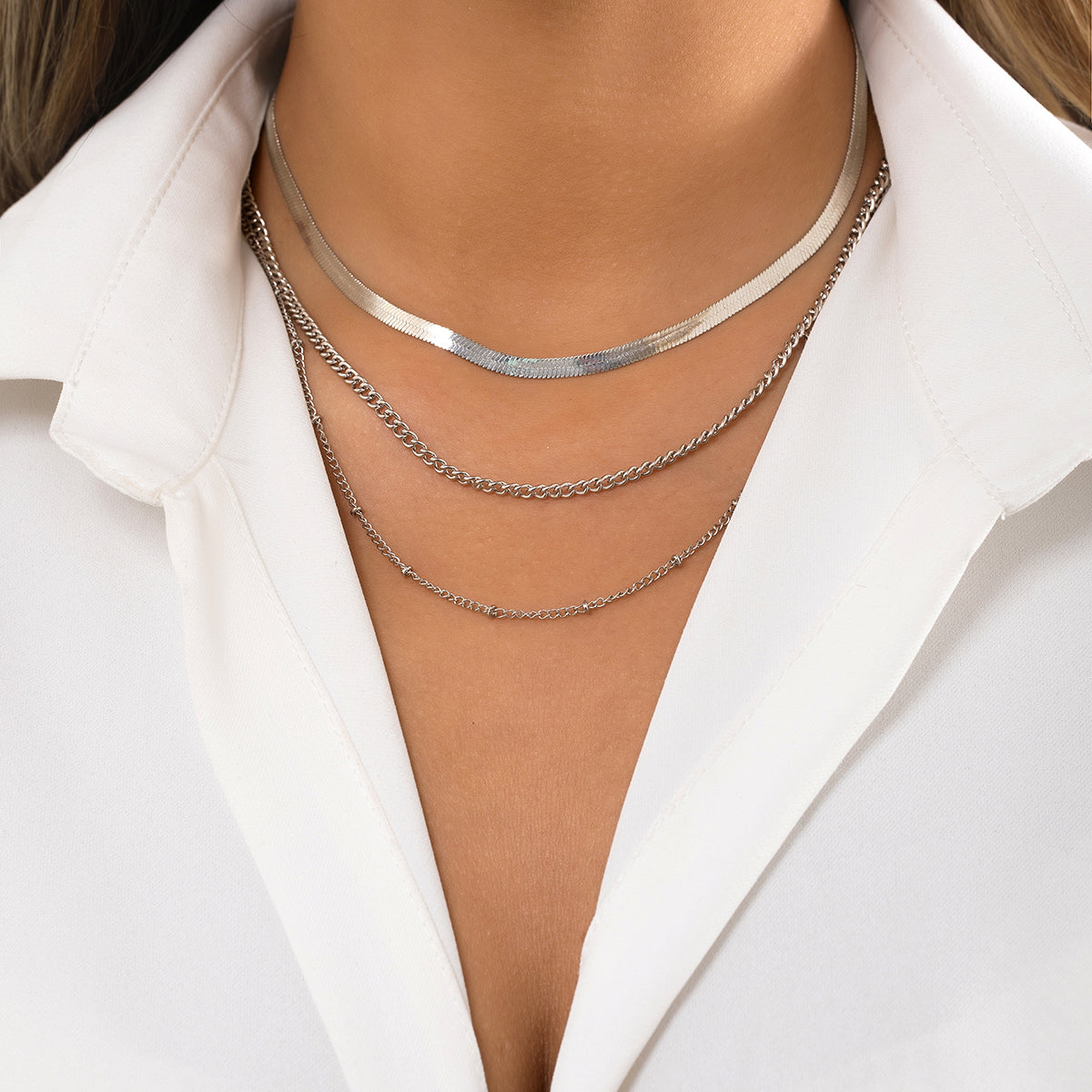 Silver-Plated Snake Chain Layered Necklace, silver pendant necklace for women, botanical inspired, front view