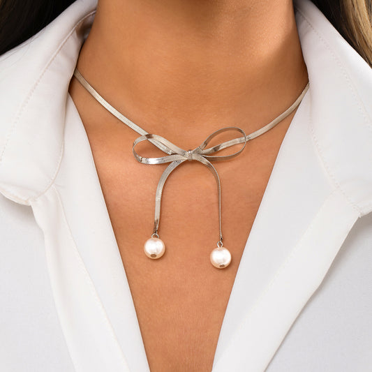 Silver-Plated and Pearl Bow Choker Necklace, silver pendant necklace for women, vintage-inspired design, front view
