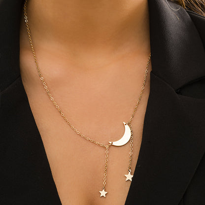 18K Gold-Plated Star and Moon Pendant Necklace, gold pendant necklace for women, botanical inspired, front view