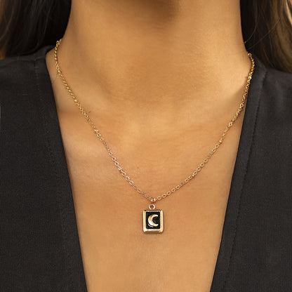 Black Enamel and 18K Gold-Plated Moon Card Pendant Necklace, gold pendant necklace for women, everyday style, styled look