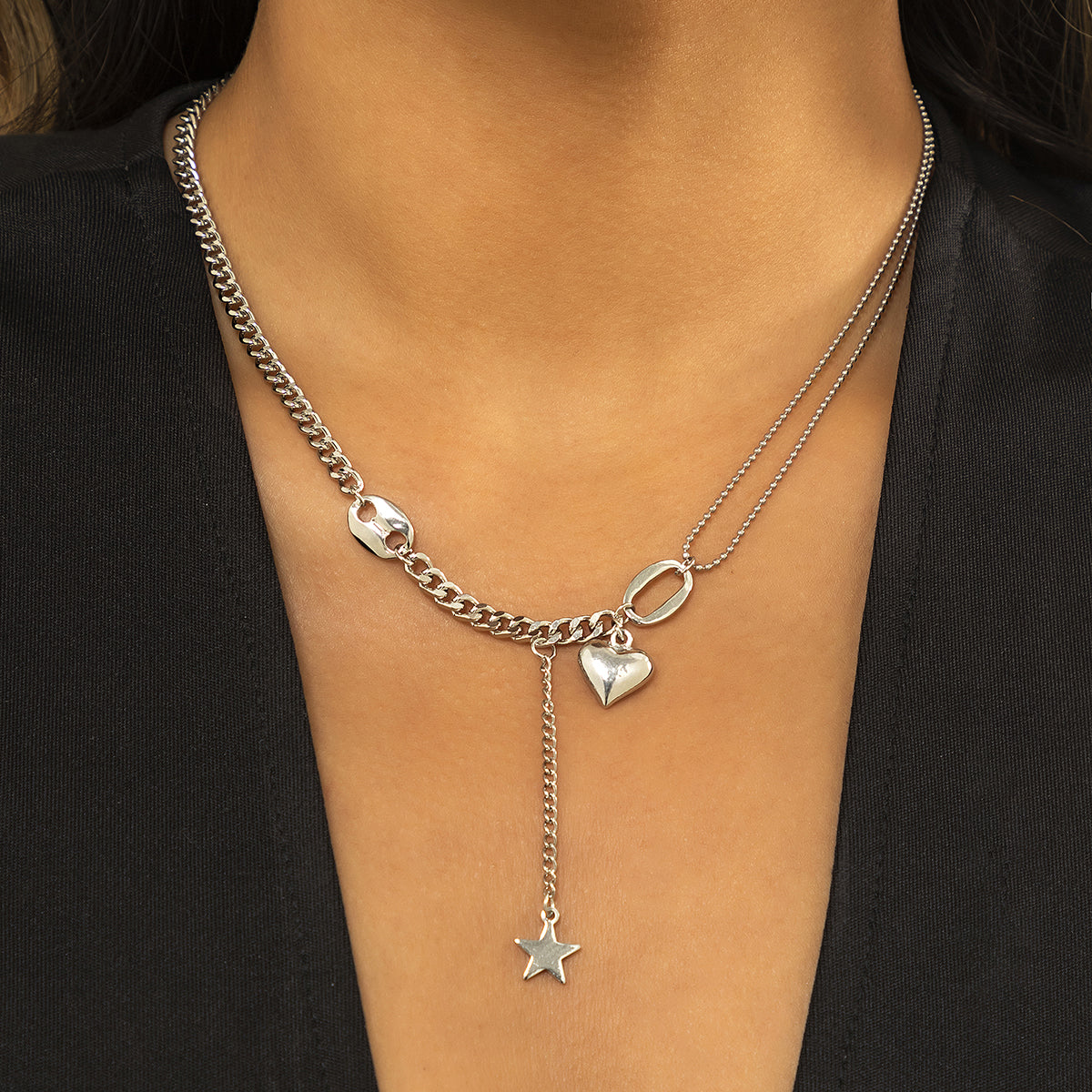 Silver-Plated Heart and Star Pendant Necklace, silver pendant necklace for women, everyday style, front view