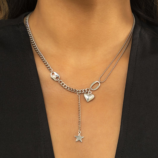 Silver-Plated Heart and Star Pendant Necklace, silver pendant necklace for women, everyday style, front view