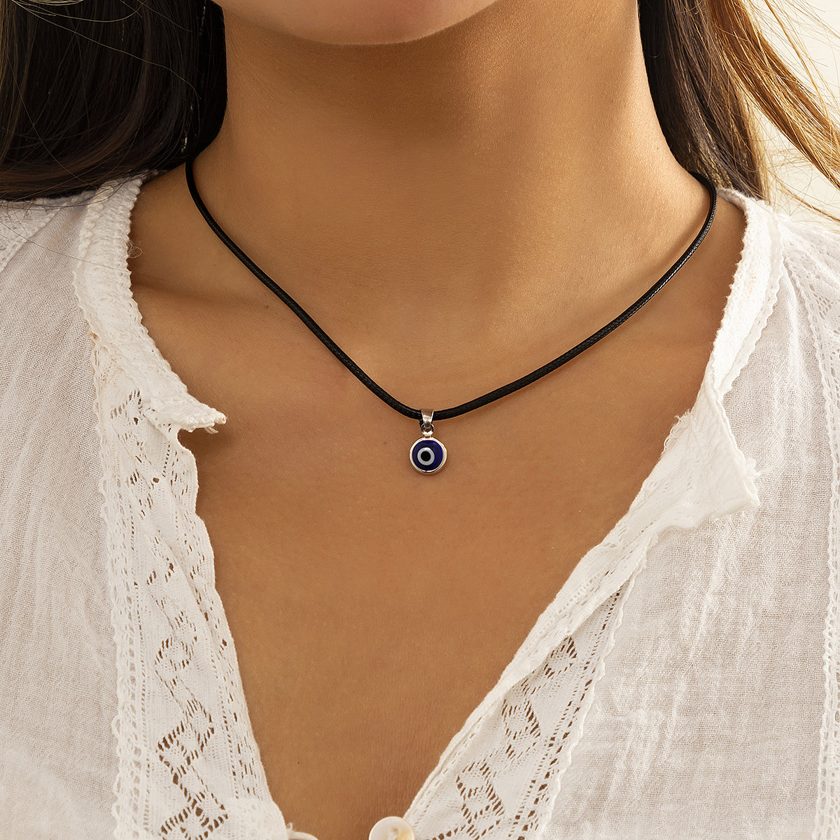 Blue Acrylic and Silver-Plated Evil Eye Pendant Necklace, silver pendant necklace for women, front view